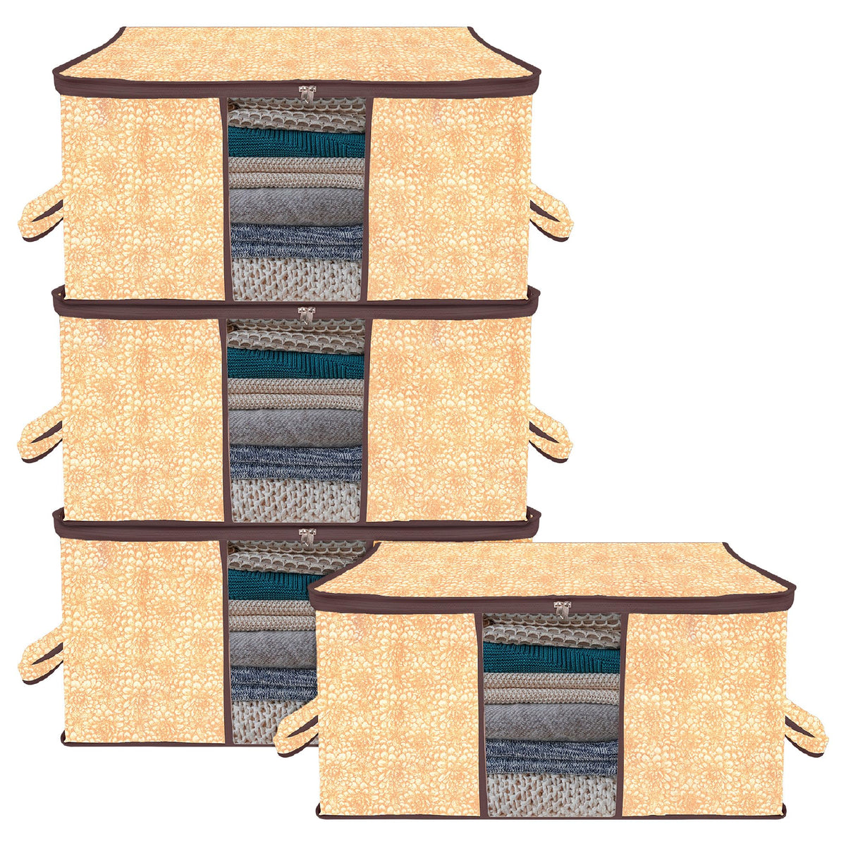 Heart Home Underbed Storage Bag | Clothes Storage Organizer | Blanket Cover with Clear Window | Zipper Closure & Handle Cloth Organizer | Flower-Design | Large | Pack of 4 | Brown