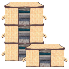 Heart Home Underbed Storage Bag | Clothes Storage Organizer | Blanket Cover with Clear Window | Zipper Closure & Handle Cloth Organizer | Flower-Design | Large | Pack of 4 | Brown