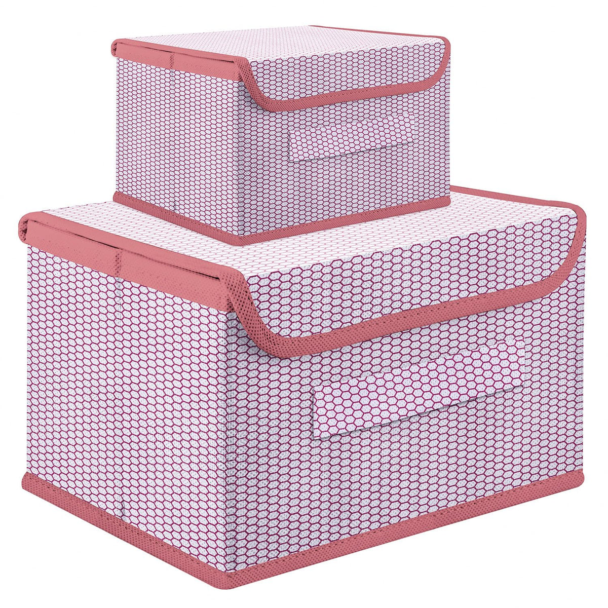 Heart Home Drawer Storage Box | Zig Zag Dhakkan Storage Box | Non-Woven Clothes Organizer | Storage Box with Handle | S | L | Pack of 2 | Pink