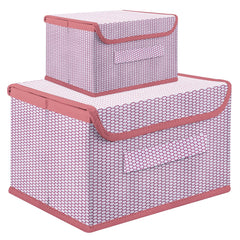 Heart Home Drawer Storage Box | Zig Zag Dhakkan Storage Box | Non-Woven Clothes Organizer | Storage Box with Handle | S | L | Pack of 2 | Pink