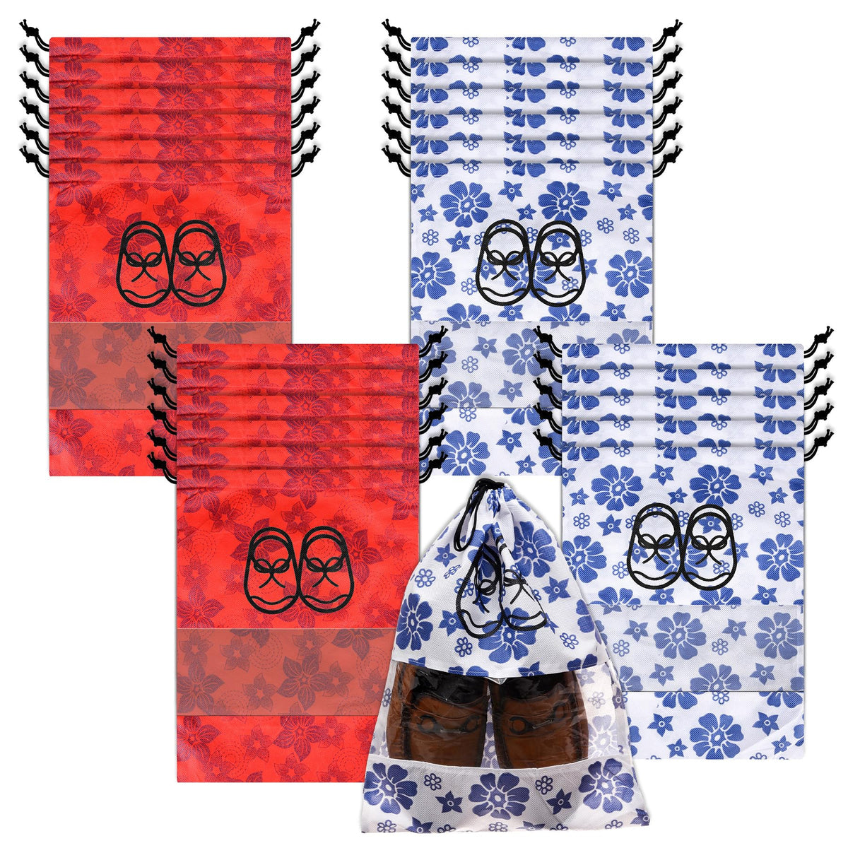 Heart Home Shoe Cover | Travel Shoe Storage Bags | Non-Woven Storage Bag | Shoe Cover with Drawstring | Shoe Organizer with Clear window | Pack of 24 | Multi