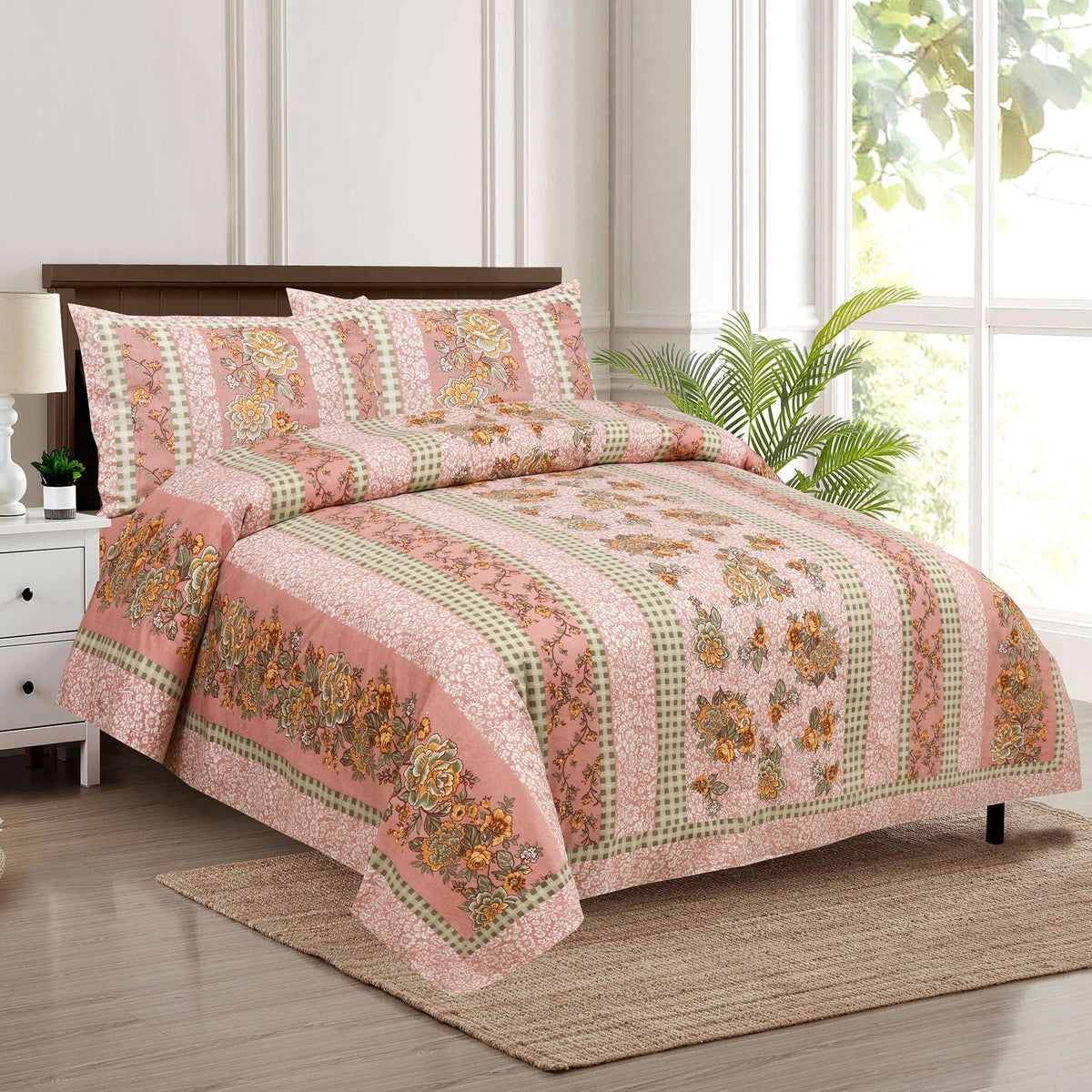 Heart Home Double Bedsheet with 2 Pillow Covers | 160 TC Premium Cotton Bedsheet for Double Bed | Bedsheet for Living Room-Home & Hotels | Spain Flower Lining | 100x108 Inch | Pink