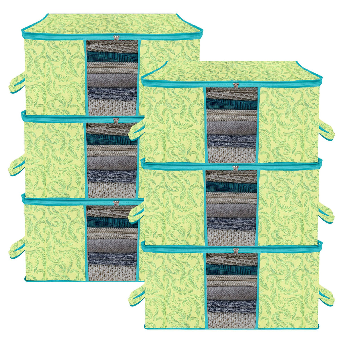 Heart Home Underbed Storage Bag | Clothes Storage Organizer | Blanket Cover with Clear Window | Zipper Closure & Handle Cloth Organizer | Leaf-Design | Large | Pack of 6 | Green