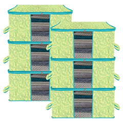 Heart Home Underbed Storage Bag | Clothes Storage Organizer | Blanket Cover with Clear Window | Zipper Closure & Handle Cloth Organizer | Leaf-Design | Large | Pack of 6 | Green