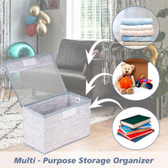 Heart Home Drawer Storage Box|Clothes Drawer Organizer with Handle|Transparent Lid with Velcro|Wardrobe Organizer for Books|Jute Printed Dhakkan Storage Box|Medium|Gray