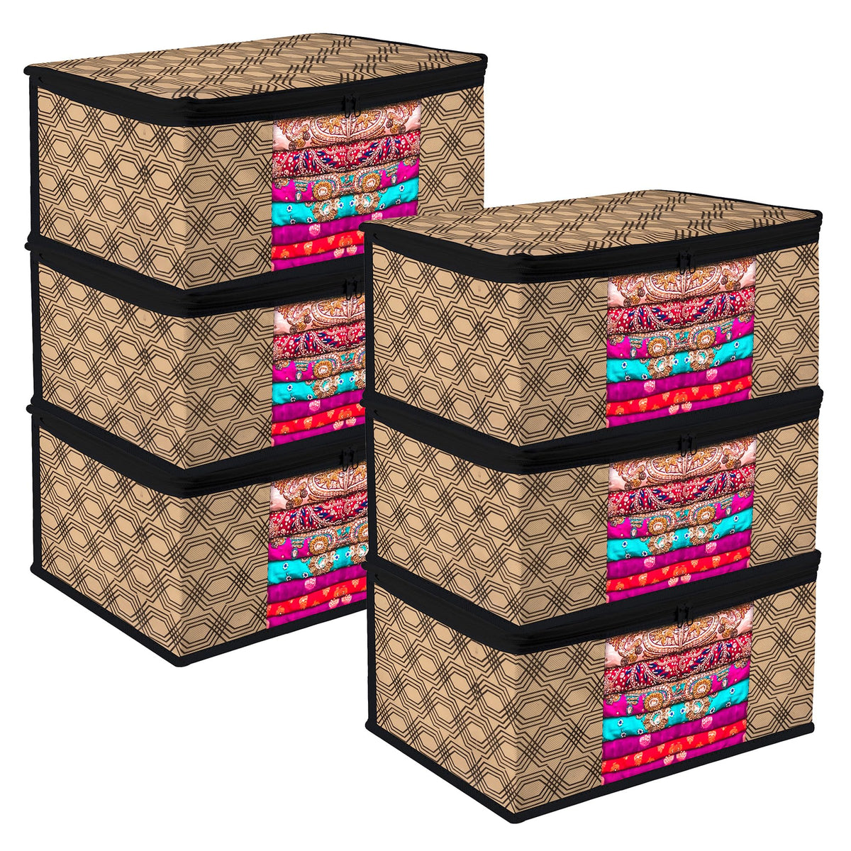 Heart Home Saree Cover | Zip Closure Saree Cover | Clothes Storage Bag | Wardrobe Organiser | Transparent Window Saree Cover | Honeycomb-Design | 9 inch | Pack of 6 | Coffee