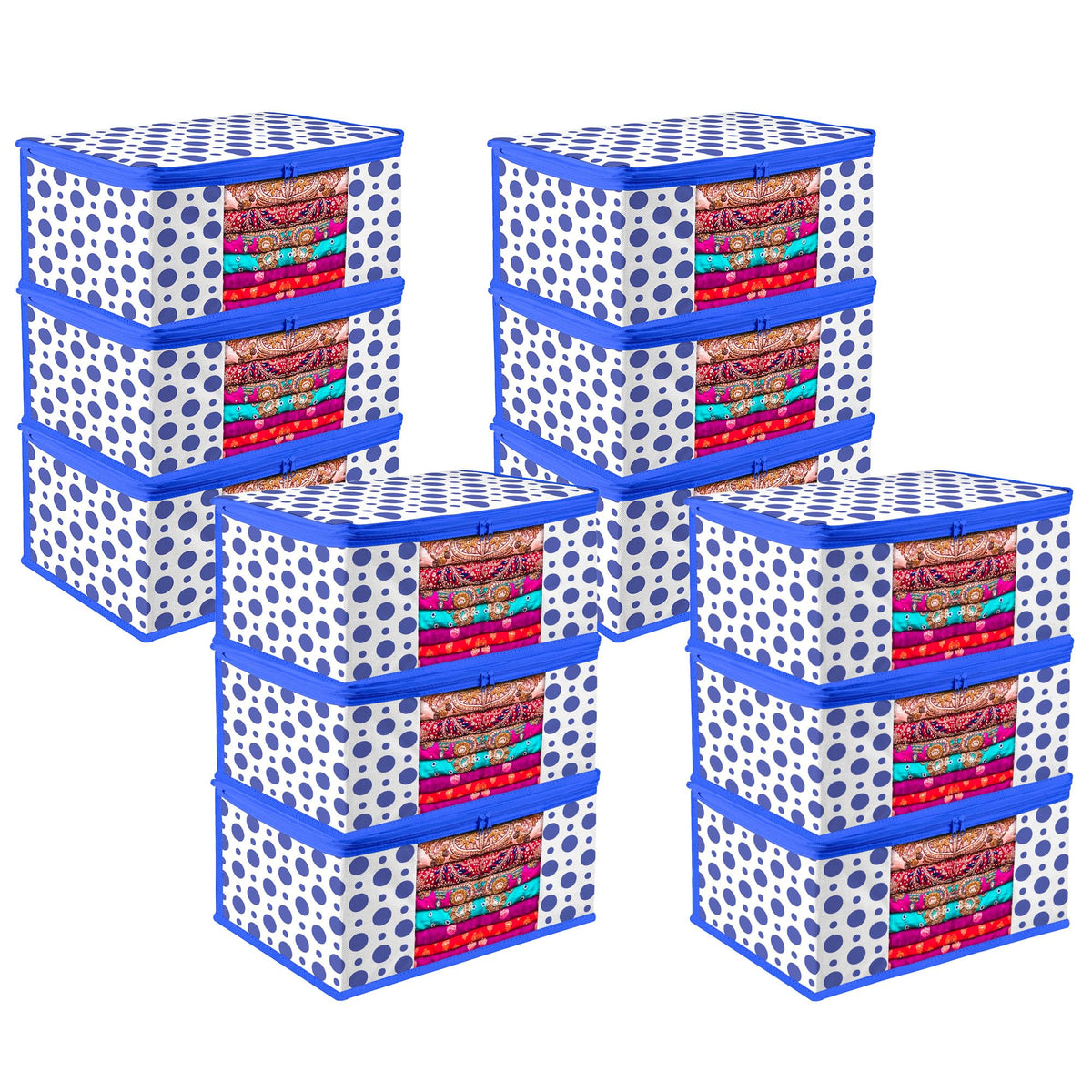 Heart Home Saree Cover | Zip Closure Saree Cover | Clothes Storage Bag | Wardrobe Organiser | Transparent Window Saree Cover | Dot-Design | 9 inch | Pack of 12 | Blue