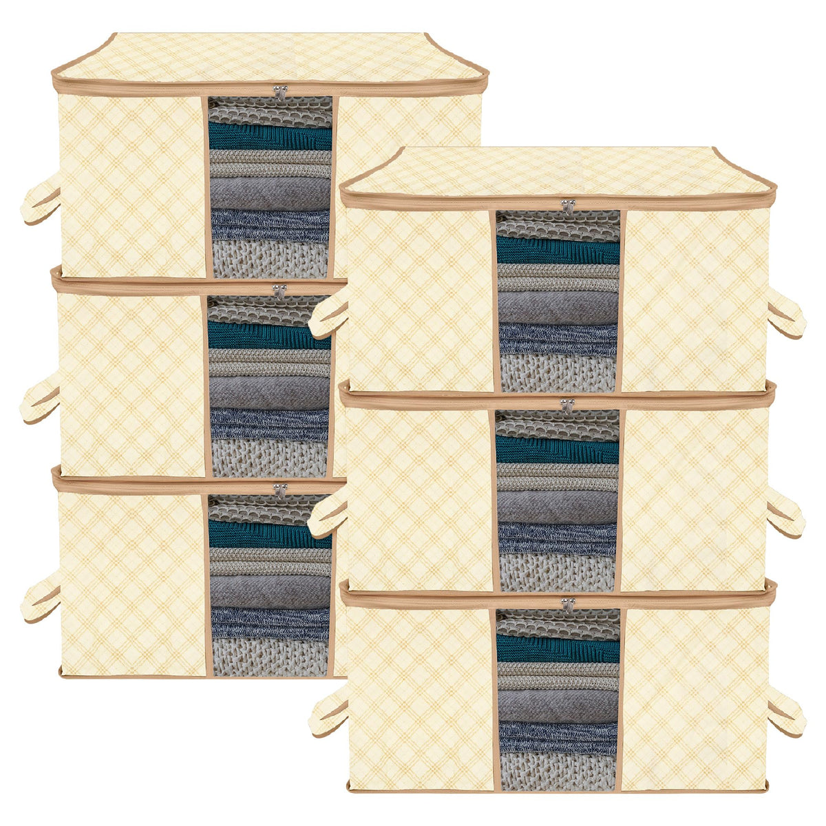 Heart Home Underbed Storage Bag | Clothes Storage Organizer | Blanket Cover with Clear Window | Zipper Closure & Handle Cloth Organizer | Check-Design | Large | Pack of 6 | Cream