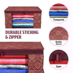 Heart Home Saree Cover | Zip Closure Saree Cover | Clothes Storage Bag | Wardrobe Organizer | Transparent Window Saree Cover | Golden Printed | 9 Inch | Pack of 3 | Maroon