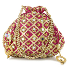 Kuber Industries Silk Traditional Mirror Work Clutch Potli Batwa Pouch Hand Bag for Bridal, Casual, Party, Wedding (Pink)-KUBMART11492, Standard