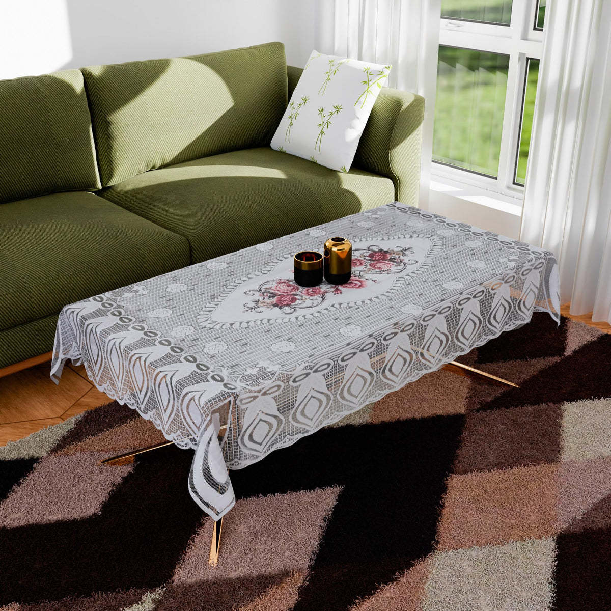 Kuber Industries Center Table Cover | Cotton Table Cloth Cover | 4-Seater Table Cloth | Glory Table Cover | Table Protector | Table Cover for Center Table | 40x60 Inch | CTC | White & Pink