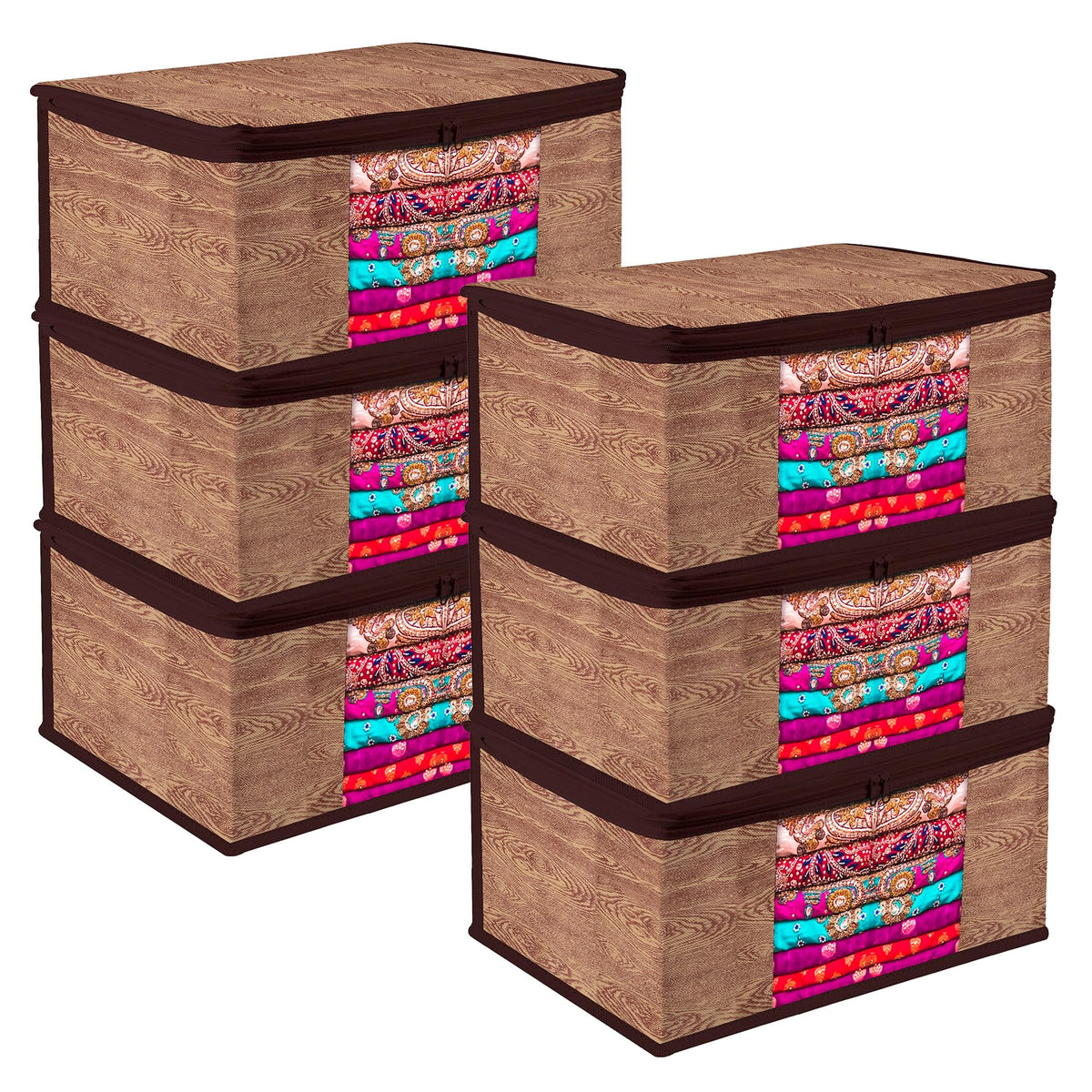 Heart Home Saree Cover | Zip Closure Saree Cover | Clothes Storage Bag | Wardrobe Organiser | Transparent Window Saree Cover | Wodden Texture-Design | 9 inch | Pack of 6 | Brown