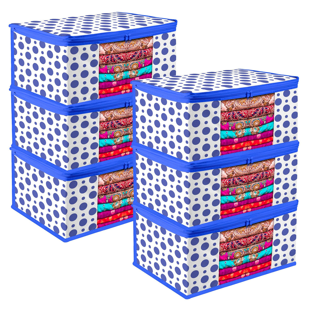 Heart Home Saree Cover | Zip Closure Saree Cover | Clothes Storage Bag | Wardrobe Organiser | Transparent Window Saree Cover | Dot-Design | 9 inch | Pack of 6 | Blue