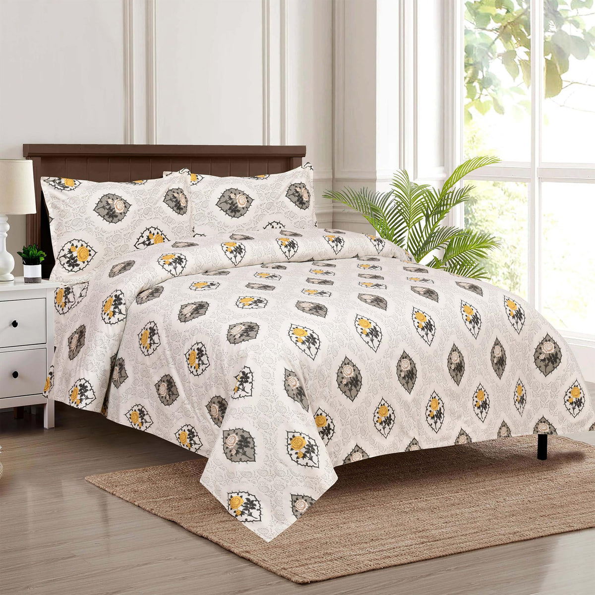 Heart Home Dohar Set | 1 Piece Double Bedsheet with 2 Pillow Cover & Dohar Combo Set | Bedsheet & AC Blanket Set for Bedroom | Comforter | Quilt | Pushpa Rose Print | Set of 4 | Yellow