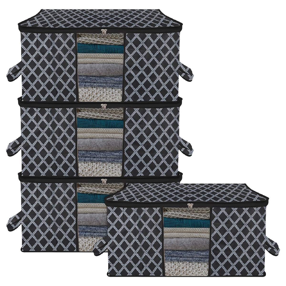 Heart Home Underbed Storage Bag | Clothes Storage Organizer | Blanket Cover with Clear Window | Zipper Closure & Handle Cloth Organizer | Check-Design | Large | Pack of 4 | Black