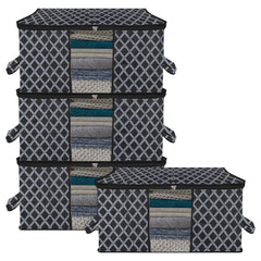 Heart Home Underbed Storage Bag | Clothes Storage Organizer | Blanket Cover with Clear Window | Zipper Closure & Handle Cloth Organizer | Check-Design | Large | Pack of 4 | Black