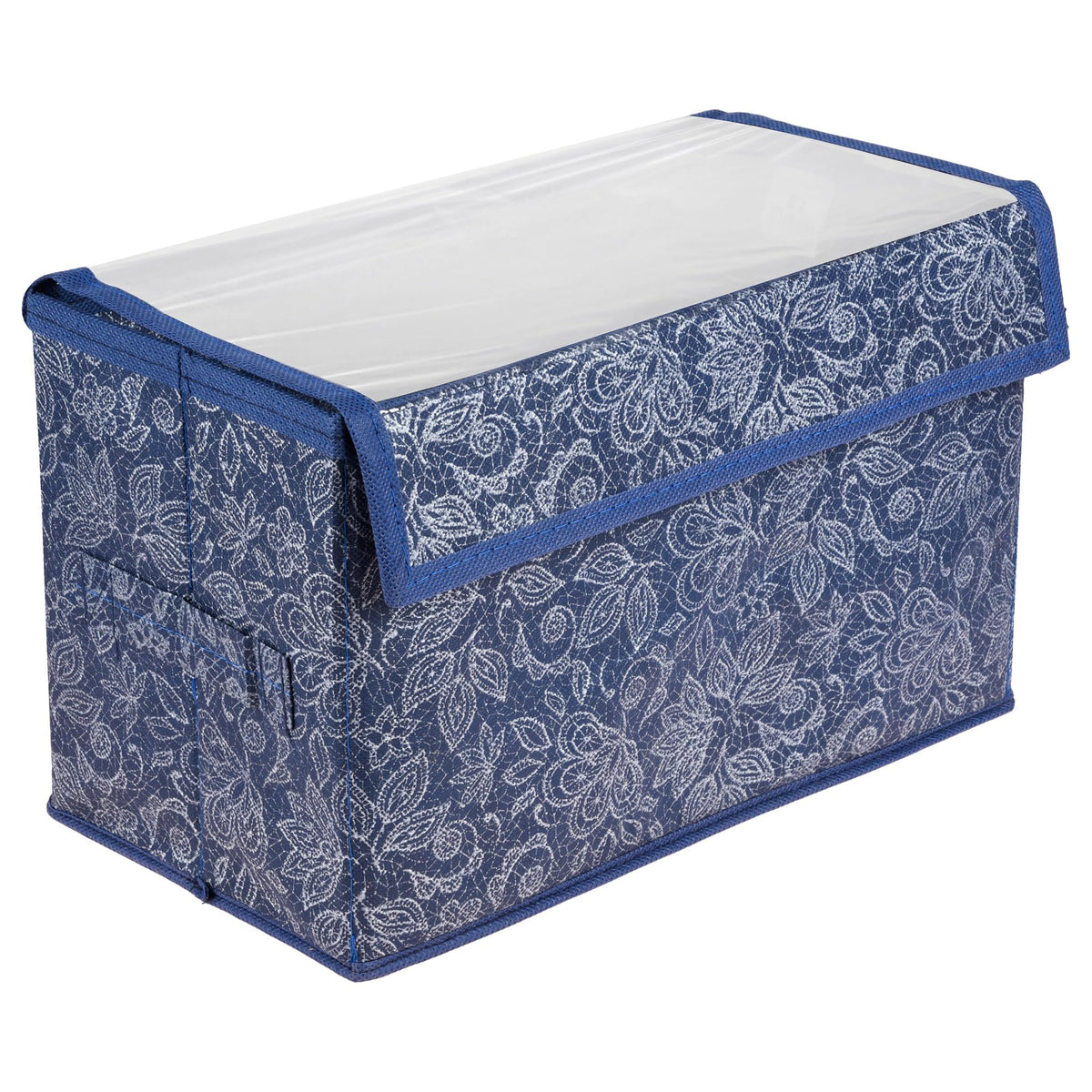 Kuber Industries Drawer Storage Box|Clothes Drawer Organizer with Handle|Transparent Lid with Velcro|Wardrobe Organizer for Books|Flower Printed Dhakkan Storage Box|Small|Navy Blue