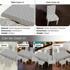 Kuber Industries Set of 7 Waterproof & Oil Repellent Dining Table Chair Cover 6 Seater Full Set | Washable & Dustproof Seat Cover Protector Slipcover | Square Design - Grey and White