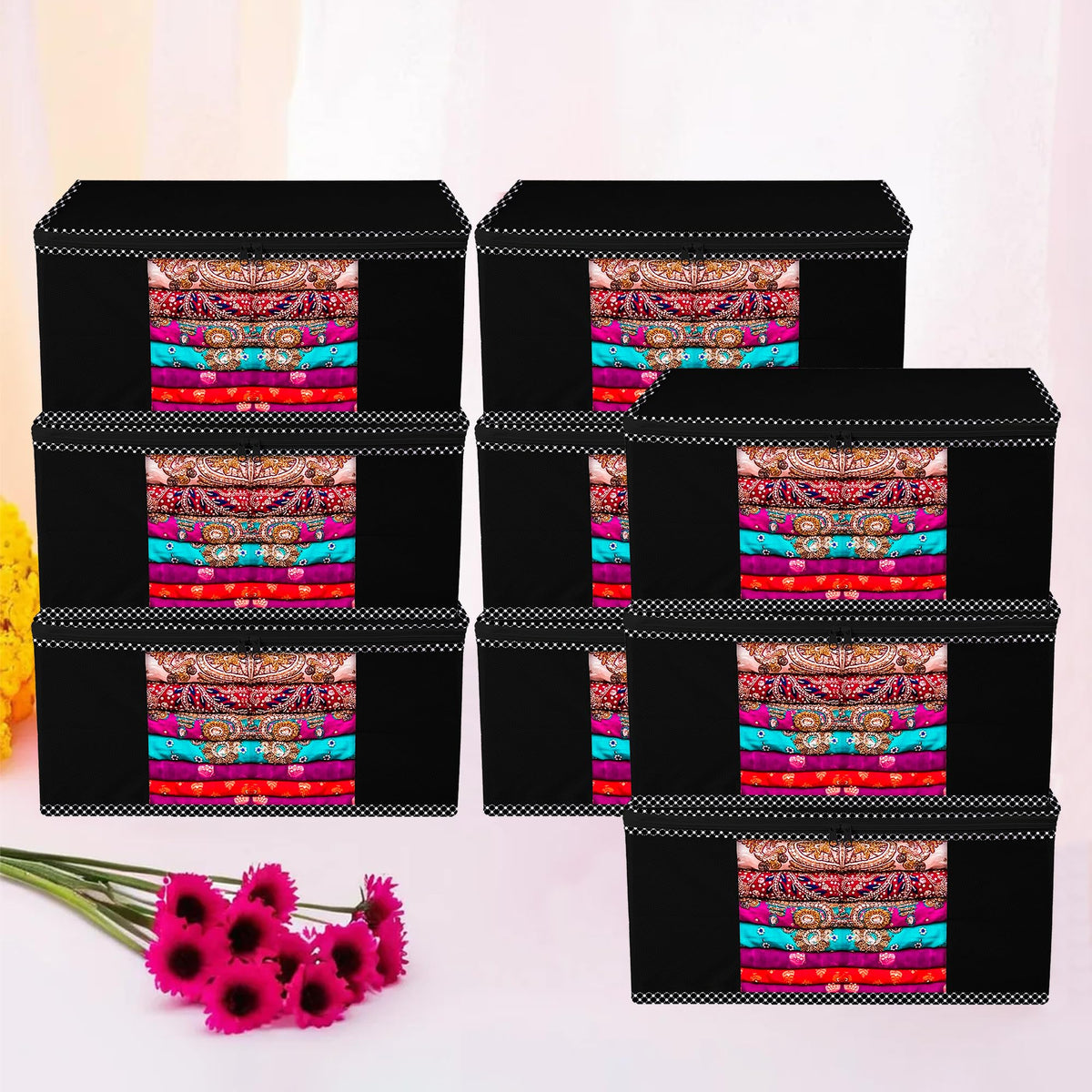 Heart Home Saree Cover | Zip Closure Saree Cover | Clothes Storage Bag | Wardrobe Organiser for Suit | Transparent Window Saree Cover | Dot Border-Design | 9 inch | Pack of 9 | Black