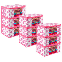 Heart Home Saree Cover | Zip Closure Saree Cover | Clothes Storage Bag | Wardrobe Organiser | Transparent Window Saree Cover | Flower-Design | 9 inch | Pack of 9 | Pink