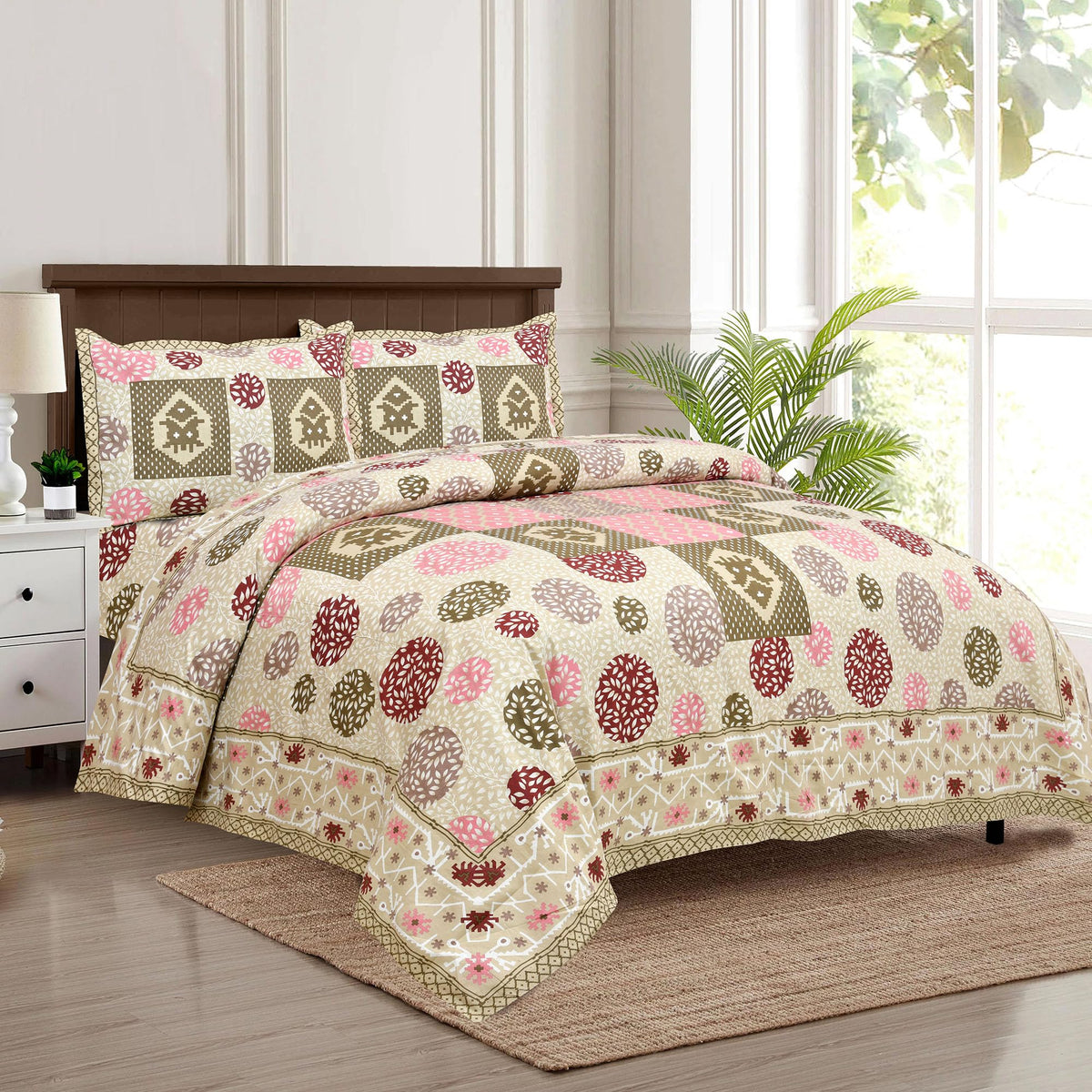 Heart Home Double Bedsheet with 2 Pillow Covers | 186 TC Premium Cotton Bedsheet for Double Bed | Bedsheet for Living Room-Home & Hotels | Arabic Beauty Gola | 100x108 Inch | Beige