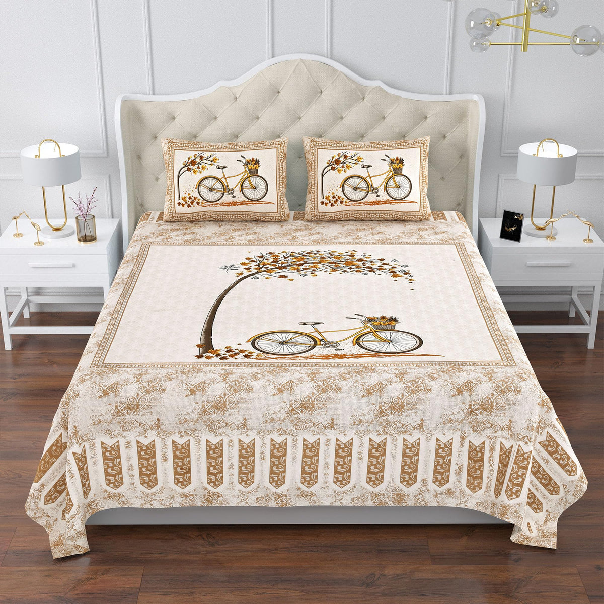 Kuber Industries Double Bedsheet with 2 Pillow Covers | 160 TC Premium Cotton Bedsheet for Double Bed | Bedsheet for Living Room-Home & Hotels | Photo Frame Cycle | 100x108 Inch | Brown