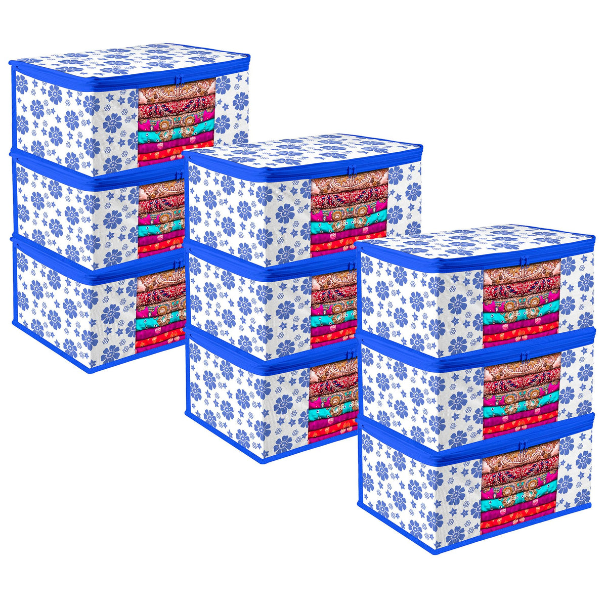 Heart Home Saree Cover | Zip Closure Saree Cover | Clothes Storage Bag | Wardrobe Organiser | Transparent Window Saree Cover | Flower-Design | 9 inch | Pack of 9 | Blue