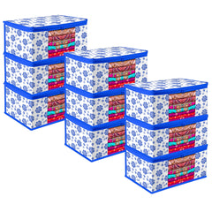 Heart Home Saree Cover | Zip Closure Saree Cover | Clothes Storage Bag | Wardrobe Organiser | Transparent Window Saree Cover | Flower-Design | 9 inch | Pack of 9 | Blue