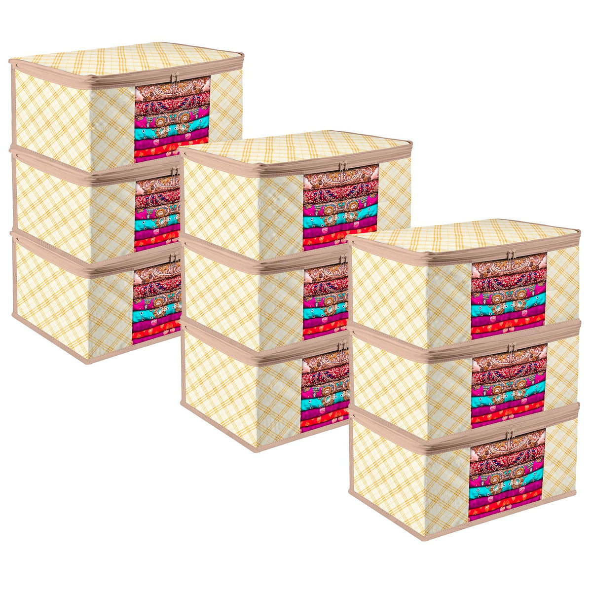 Heart Home Saree Cover | Zip Closure Saree Cover | Clothes Storage Bag | Wardrobe Organiser | Transparent Window Saree Cover | Check-Design | 9 inch | Pack of 9 | Cream