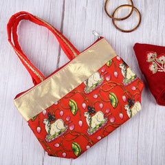 Kuber Industries Hand Purse|Traditional Mini Hand Bag|Silk Wallet Hand Bag|Shagun Hand Purse|Woman Tote Hand Bag|Gifts Hand Bag|Cow-Small Hand Purse|Pack of 2|Red