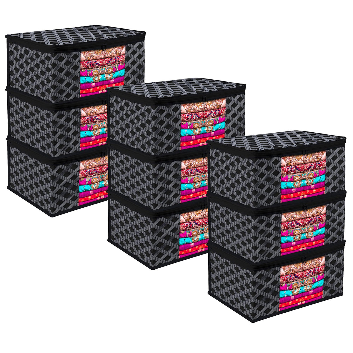 Heart Home Saree Cover | Zip Closure Saree Cover | Clothes Storage Bag | Wardrobe Organiser | Transparent Window Saree Cover | Check-Design | 9 inch | Pack of 9 | Black