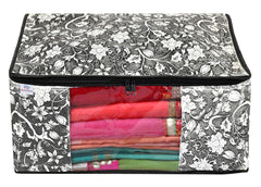Heart Home Metalic Flower Print 4 Piece Non Woven Fabric Saree Cover Set with Transparent Window, Extra Large (Black)-HHEART16520