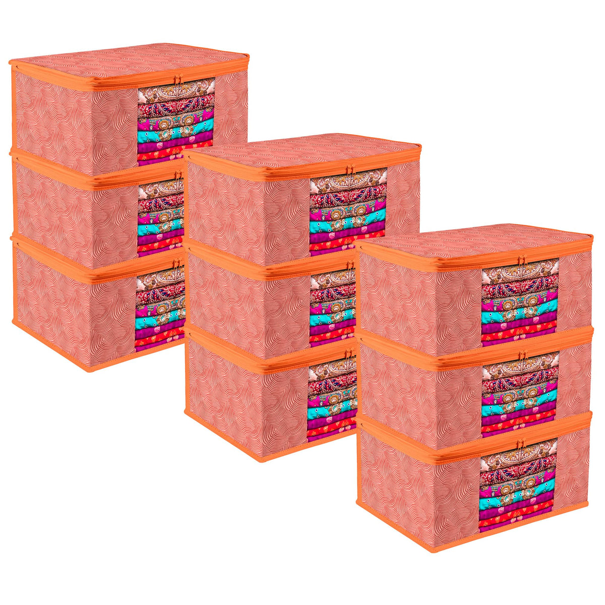 Heart Home Saree Cover | Zip Closure Saree Cover | Clothes Storage Bag | Wardrobe Organiser | Transparent Window Saree Cover | Lahariya-Design | 9 inch | Pack of 9 | Orange