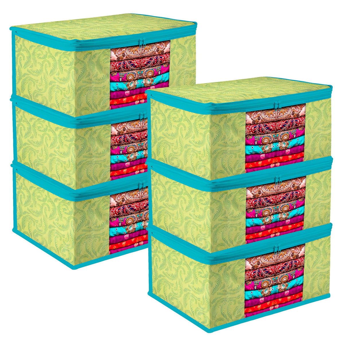 Heart Home Saree Cover | Zip Closure Saree Cover | Clothes Storage Bag | Wardrobe Organiser | Transparent Window Saree Cover | Leaf-Design | 9 inch | Pack of 6 | Green