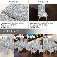 Kuber Industries Set of 7 Waterproof & Oil Repellent Dining Table Chair Cover 6 Seater Full Set | Washable & Dustproof Table & Seat Cover Protector Slipcover | White & Blue Checkered