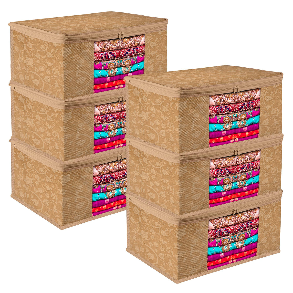 Heart Home Saree Cover | Zip Closure Saree Cover | Clothes Storage Bag | Wardrobe Organiser | Transparent Window Saree Cover | New Flower-Design | 9 inch | Pack of 6 | Brown