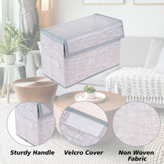 Heart Home Drawer Storage Box|Clothes Drawer Organizer with Handle|Transparent Lid with Velcro|Wardrobe Organizer for Books|Jute Printed Dhakkan Storage Box|Medium|Gray