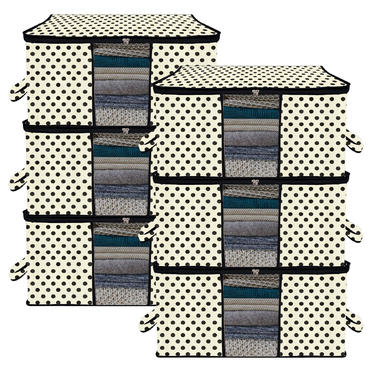 Heart Home Underbed Storage Bag | Clothes Storage Organizer | Blanket Cover with Clear Window | Zipper Closure & Handle Cloth Organizer | Dot-Design | Large | Pack of 6 | Cream