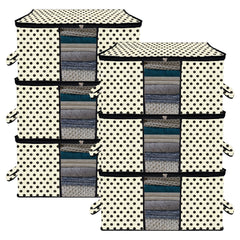 Heart Home Underbed Storage Bag | Clothes Storage Organizer | Blanket Cover with Clear Window | Zipper Closure & Handle Cloth Organizer | Dot-Design | Large | Pack of 6 | Cream