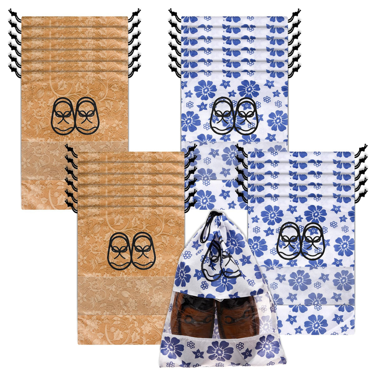 Heart Home Shoe Cover | Travel Shoe Storage Bags | Non-Woven Storage Bag | Shoe Cover with Drawstring | Shoe Organizer with Clear window | Pack of 24 | Multi