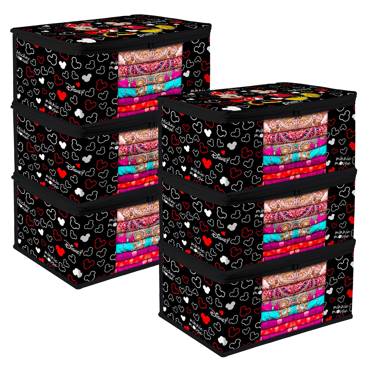 Heart Home Saree Cover | Zip Closure Saree Cover | Clothes Storage Bag | Wardrobe Organiser | Transparent Window Saree Cover | Disney Mickey-Print | 9 inch | Pack of 6 | Black