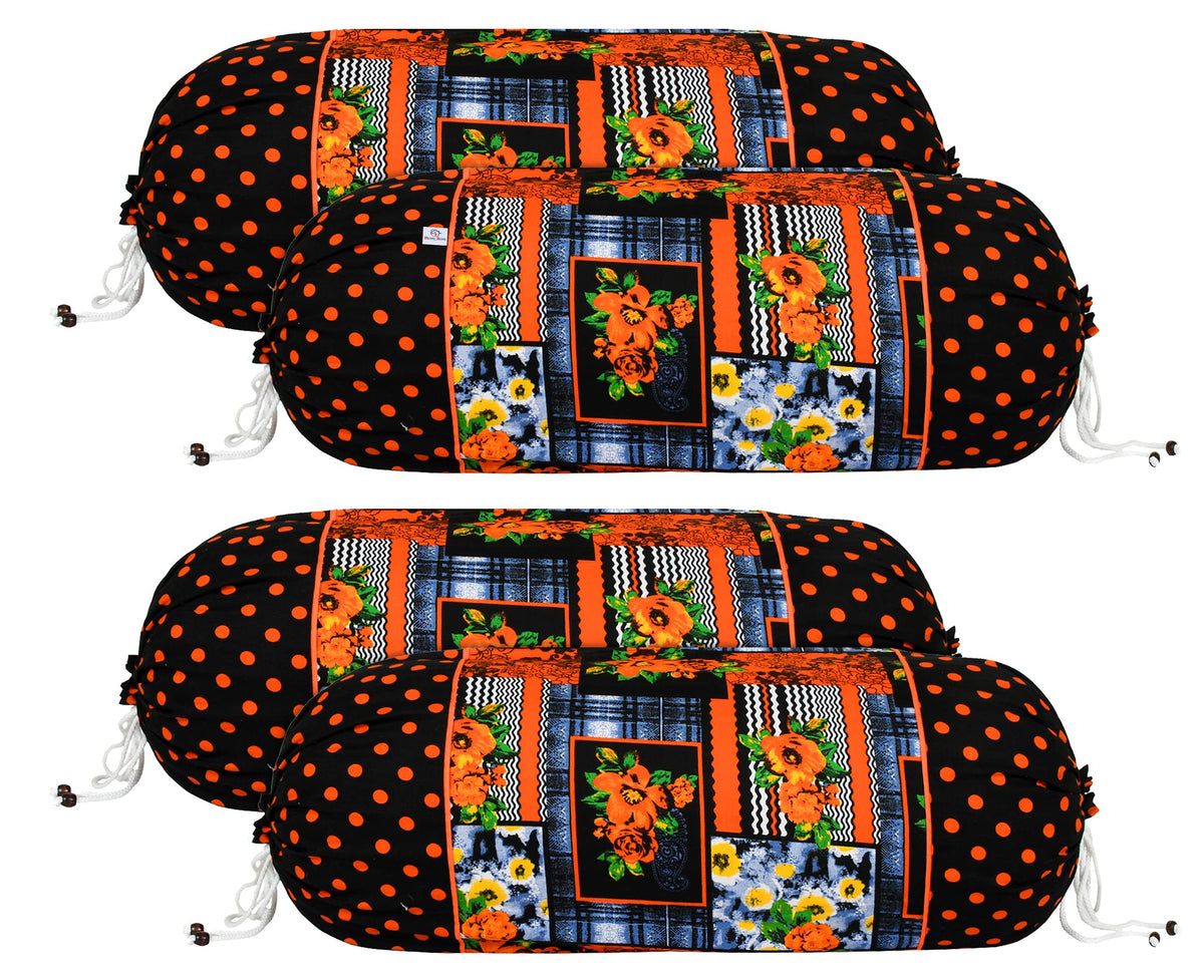 Heart Home Check Design Premium Cotton Bolster Covers, 16 x 30 inch, Set of 4 (Black)