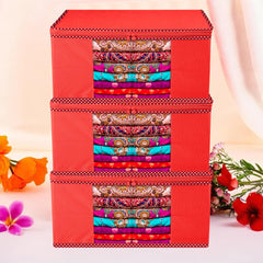 Heart Home Saree Cover | Zip Closure Saree Cover | Clothes Storage Bag | Wardrobe Organiser for Suit | Transparent Window Saree Cover | Dot Border-Design | 9 inch | Pack of 3 | Red