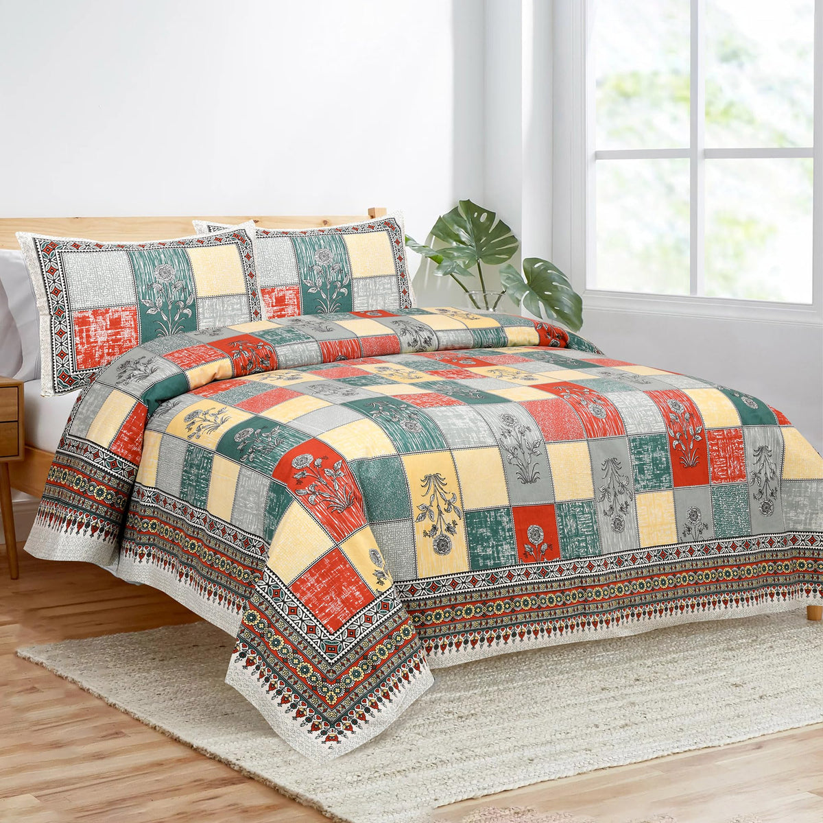 Kuber Industries Double Bedsheet with 2 Pillow Covers | 160 TC Premium Cotton Bedsheet for Double Bed | Bedsheet for Living Room-Home & Hotels | Candy Flower | 100x108 Inch | Green & Yellow