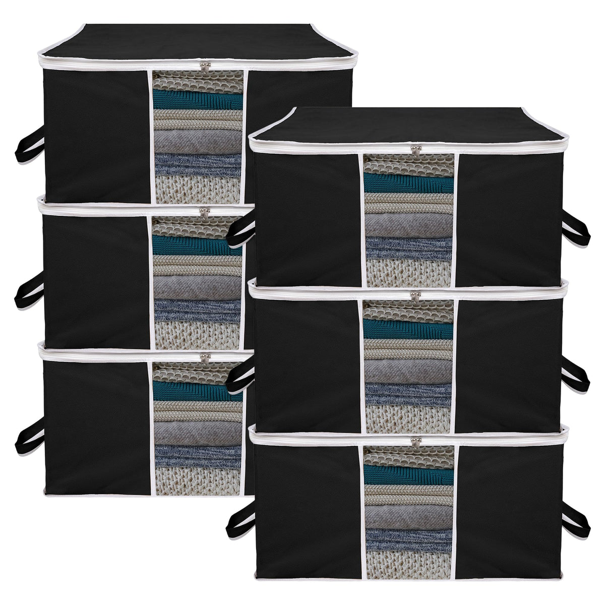 Heart Home Underbed Storage Bag | Clothes Storage Organizer | Blanket Cover with Clear Window | Zipper Closure & Handle Cloth Organizer | Plain White Border | Large | Pack of 6 | Black