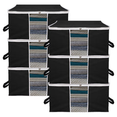 Heart Home Underbed Storage Bag | Clothes Storage Organizer | Blanket Cover with Clear Window | Zipper Closure & Handle Cloth Organizer | Plain White Border | Large | Pack of 6 | Black