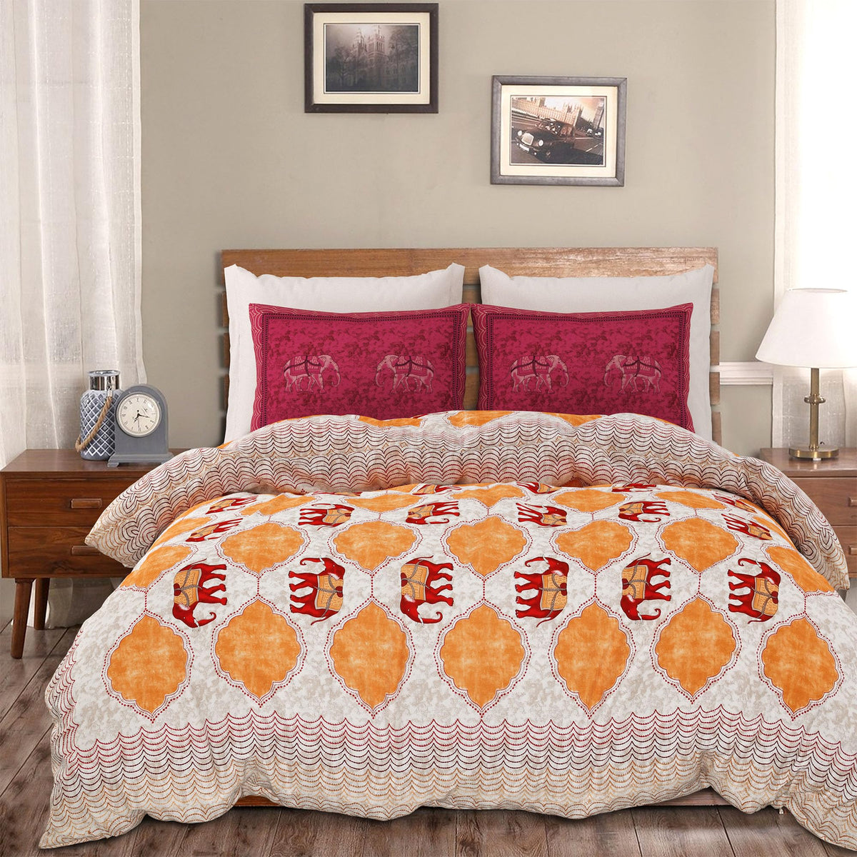 Heart Home Double Bedsheet with 2 Pillow Covers | 186 TC Premium Cotton Bedsheet for Double Bed | Bedsheet for Living Room-Home & Hotels | Embroidery Elephant | 100x108 Inch | Yellow