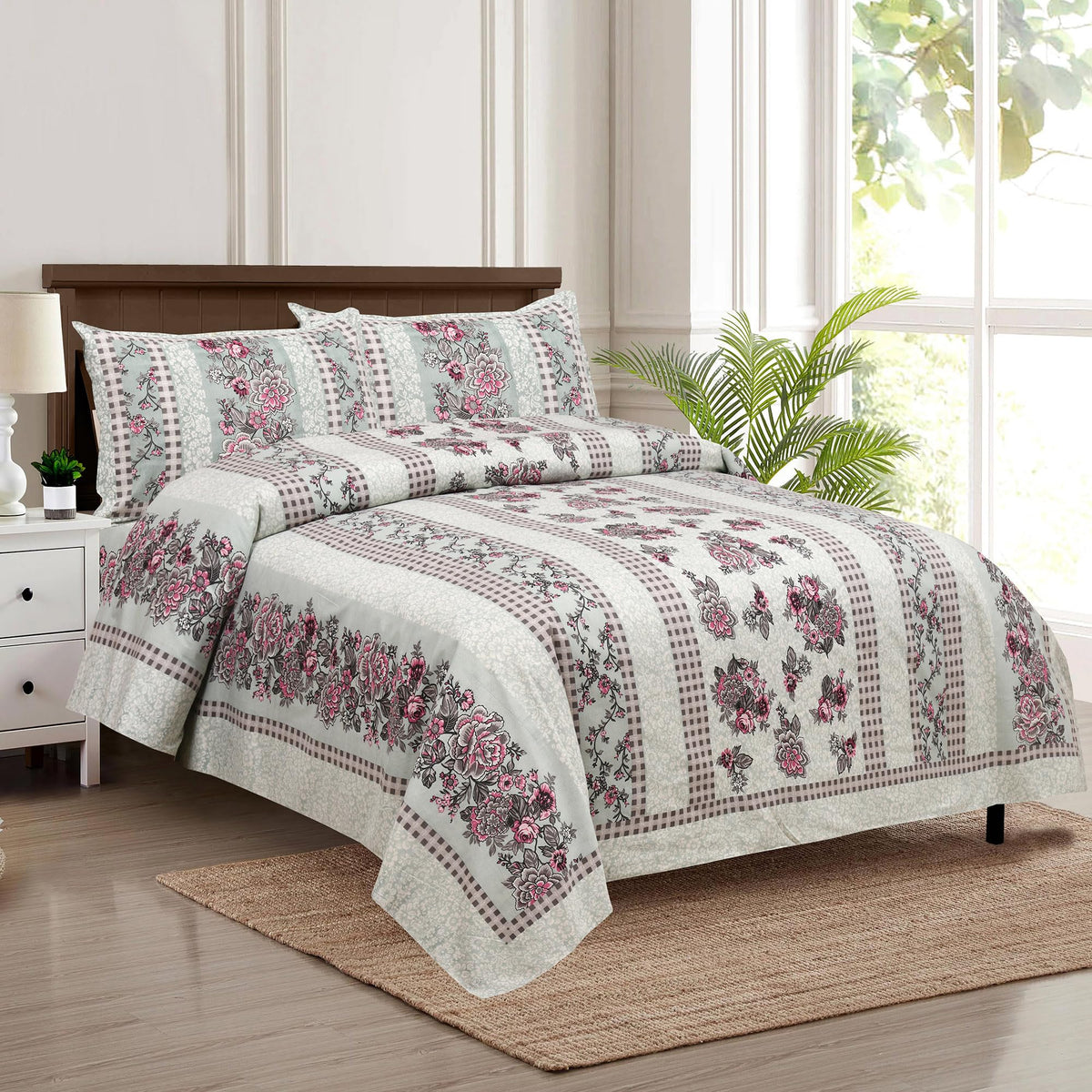 Kuber Industries Double Bedsheet with 2 Pillow Covers | 160 TC Premium Cotton Bedsheet for Double Bed | Bedsheet for Living Room-Home & Hotels | Spain Flower Lining | 100x108 Inch | Green