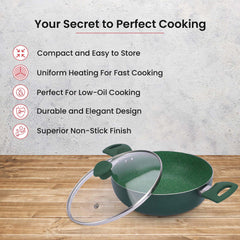 Kuber Industries 3.6L Aluminium Non-Stick Deep Base Kadai for Cooking with Riveted Bakelite Handle & Lid | Deep Fry Cookware Wok for Kitchen | Kadhai Induction Base for Cooking | Green