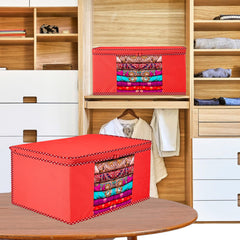 Heart Home Saree Cover | Zip Closure Saree Cover | Clothes Storage Bag | Wardrobe Organiser for Suit | Transparent Window Saree Cover | Dot Border-Design | 9 inch | Pack of 6 | Red